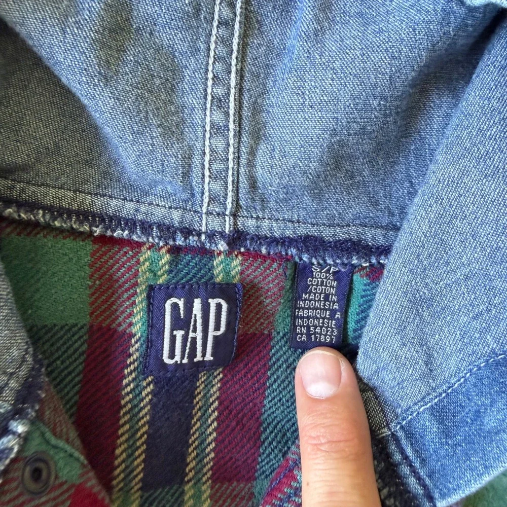 90's Gap Kids Plaid Flannel Hooded Shirt Denim Sleeves Green Blue Red S P